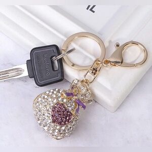 Rhinestone Money Bag Keychain Purse Charm Purple Heart Gold Tone
